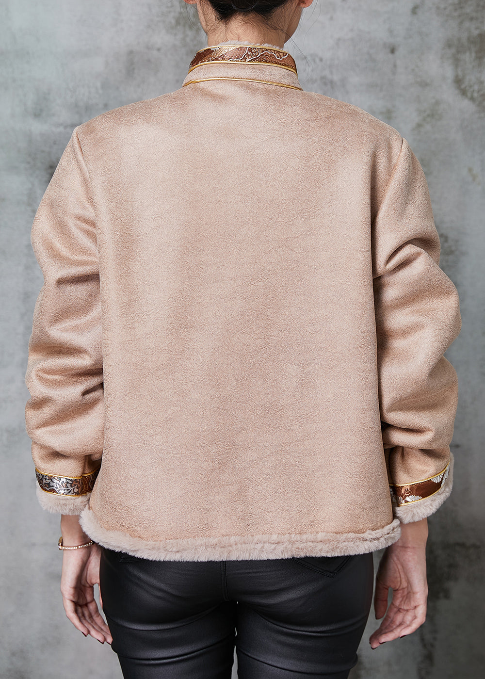 Drune | Khaki Chinesischer Knopf Patchwork Warme Fleece Mäntel