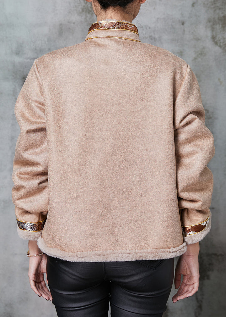 Drune | Khaki Chinesischer Knopf Patchwork Warme Fleece Mäntel