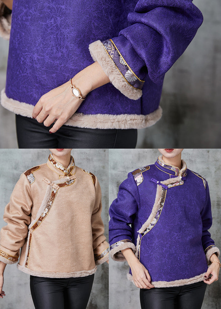 Drune | Khaki Chinesischer Knopf Patchwork Warme Fleece Mäntel