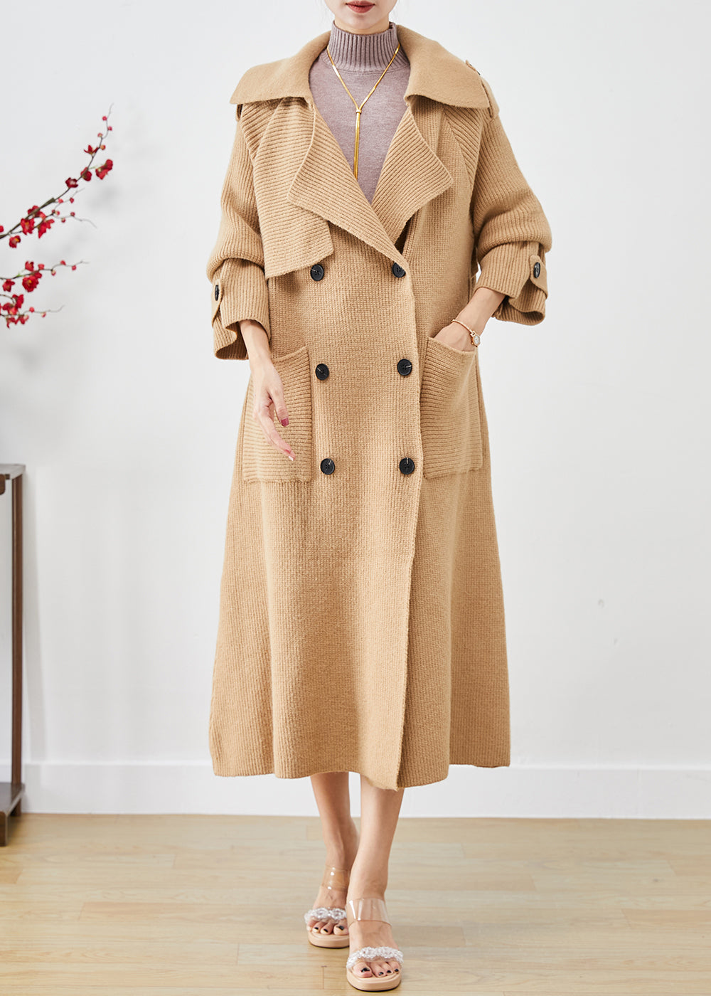 Drune | Khaki Doppelreihige Taschen Strick-Trenchcoats
