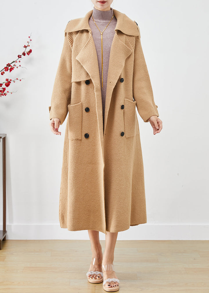 Drune | Khaki Doppelreihige Taschen Strick-Trenchcoats