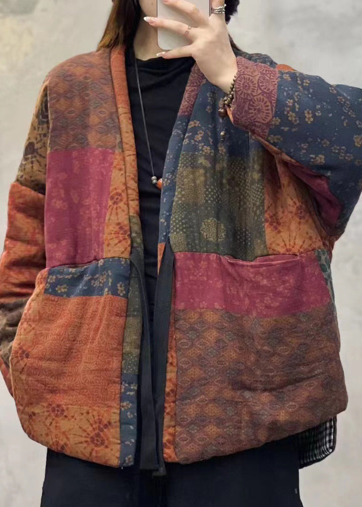 Drune | Orange V-Ausschnitt Taschen Patchwork Feine Baumwolle Gefüllte Jacken Winter