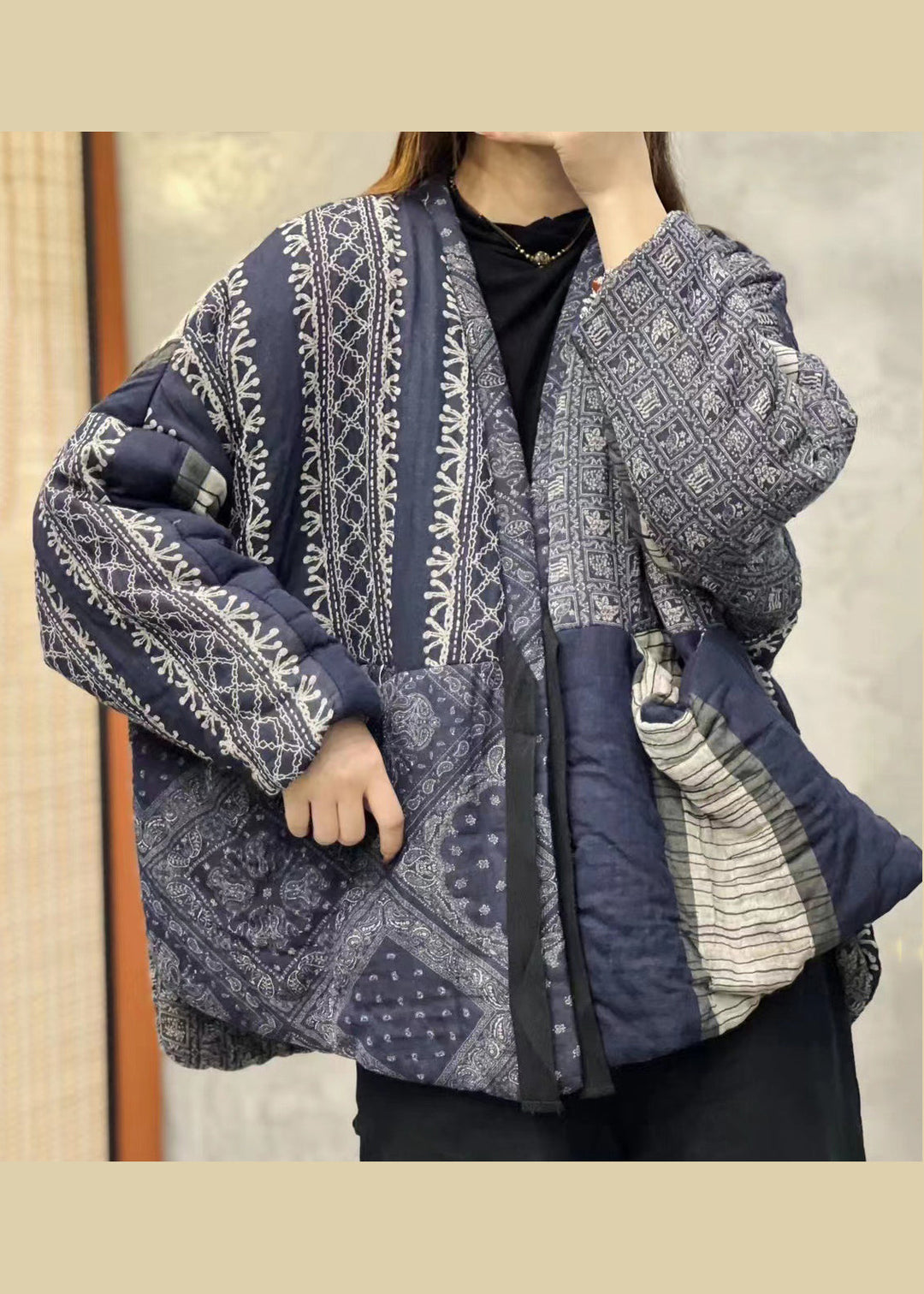 Drune | Orange V-Ausschnitt Taschen Patchwork Feine Baumwolle Gefüllte Jacken Winter