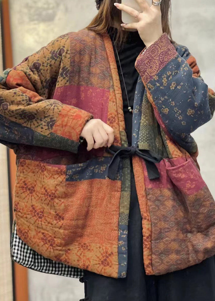 Drune | Orange V-Ausschnitt Taschen Patchwork Feine Baumwolle Gefüllte Jacken Winter
