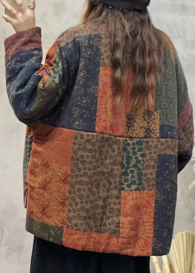 Drune | Orange V-Ausschnitt Taschen Patchwork Feine Baumwolle Gefüllte Jacken Winter
