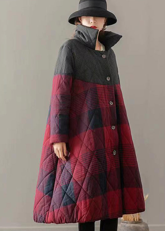 Drune | Rote Taschen Karomuster Patchwork Feine Baumwollgefüllte Mäntel Winter