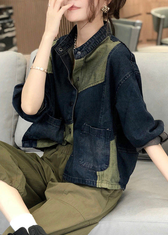 Drune | Stehkragen Taschen Patchwork Denim Mäntel