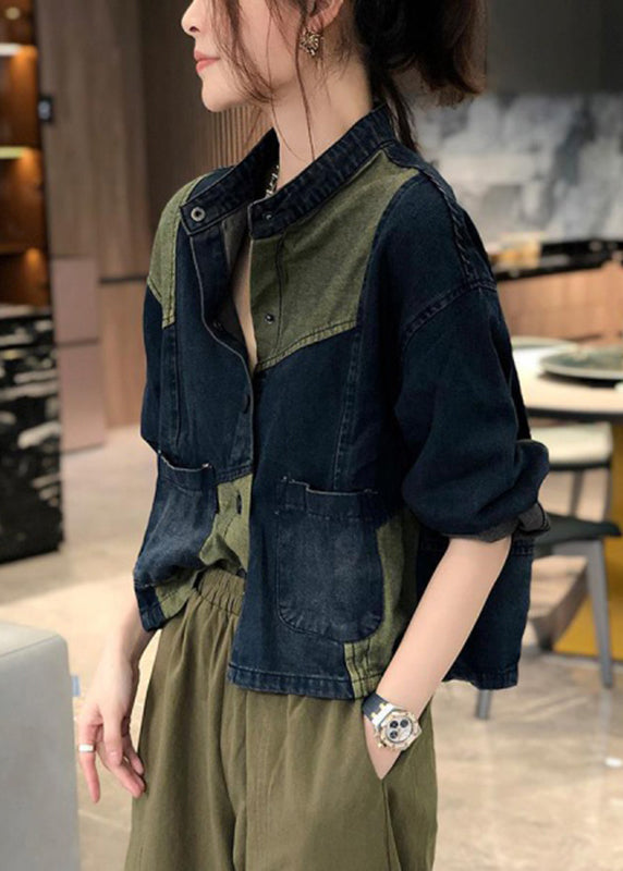 Drune | Stehkragen Taschen Patchwork Denim Mäntel