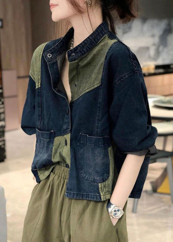 Drune | Stehkragen Taschen Patchwork Denim Mäntel
