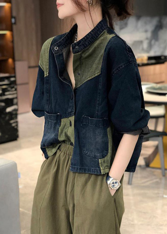 Drune | Stehkragen Taschen Patchwork Denim Mäntel