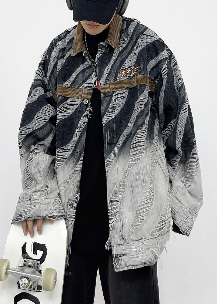 Drune | Gestreifte Knopfloch Patchwork Unisex Stil Denim Mäntel