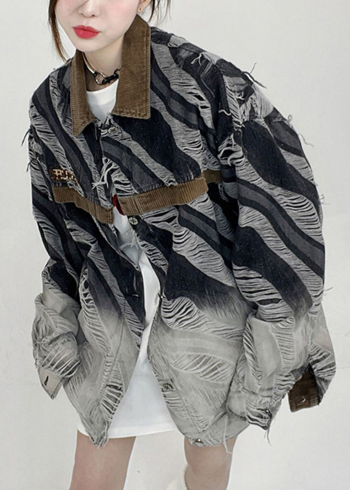 Drune | Gestreifte Knopfloch Patchwork Unisex Stil Denim Mäntel