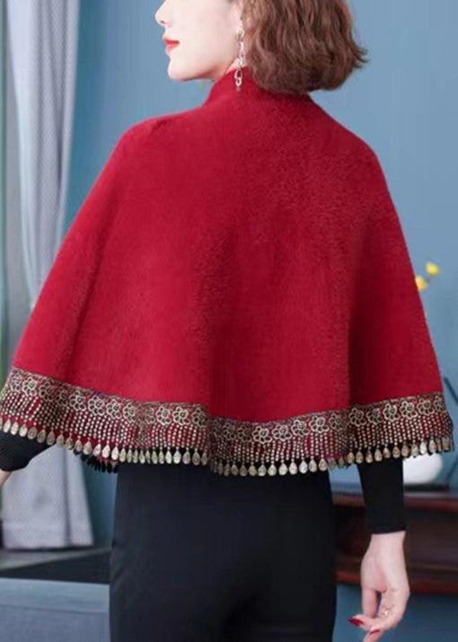 Drune | Weinrot Stehkragen Fransen Knopf Patchwork Nerz Samt Mäntel