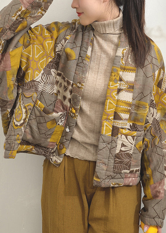 Drune | Gelber Druck Taschen Patchwork Feine Baumwollgefüllte Jacken Fledermausärmel