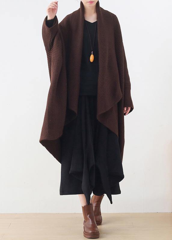 Drune | Strick Sweat Tops lässig schokoladenfarbener V-Ausschnitt Batwing Ärmel Mäntel