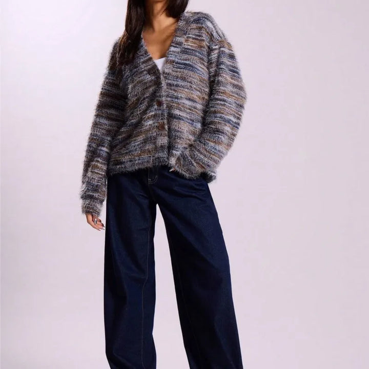 Drune | Damen Multicolor Gebrachte Strickjacke mit Knopfverschluss und Langen Ärmeln
