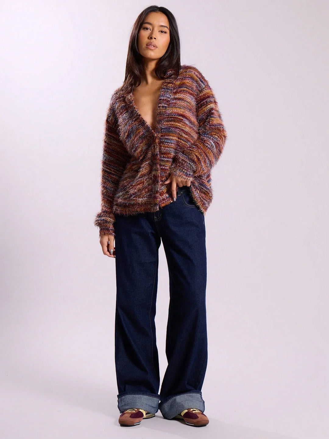 Drune | Damen Multicolor Gebrachte Strickjacke mit Knopfverschluss und Langen Ärmeln