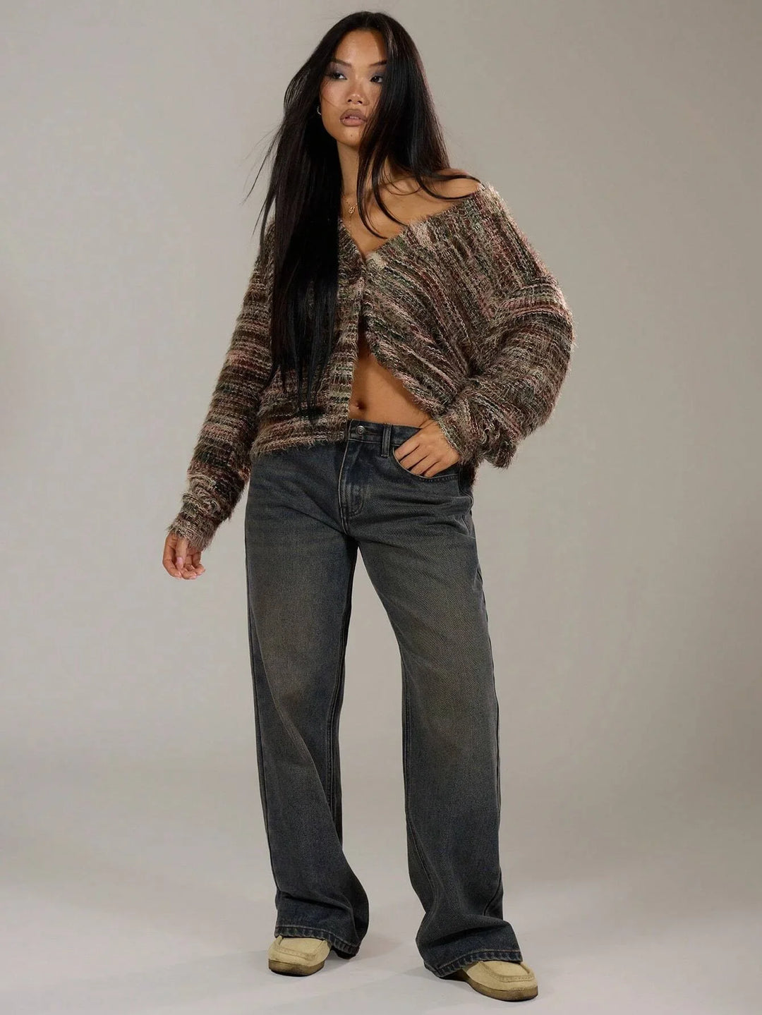 Drune | Damen Multicolor Gebrachte Strickjacke mit Knopfverschluss und Langen Ärmeln