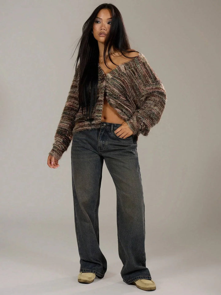 Drune | Damen Multicolor Gebrachte Strickjacke mit Knopfverschluss und Langen Ärmeln