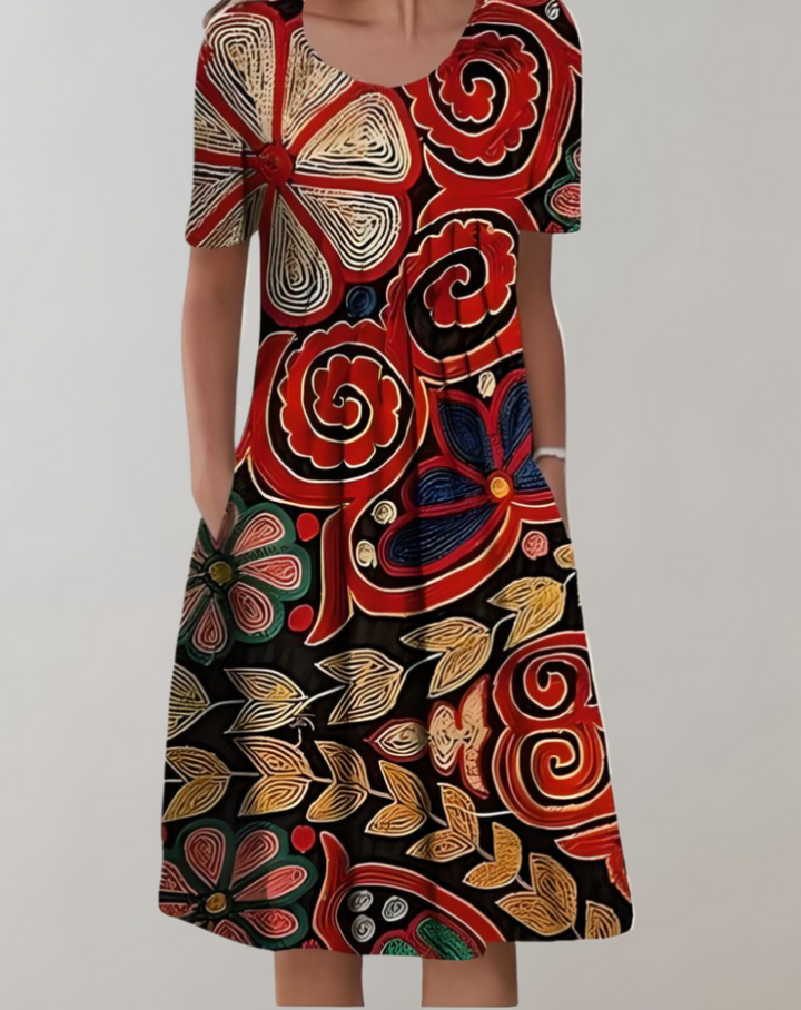 Drune | Kurze Ärmel, Lockeres Midikleid mit Blumenmuster und Taschen
