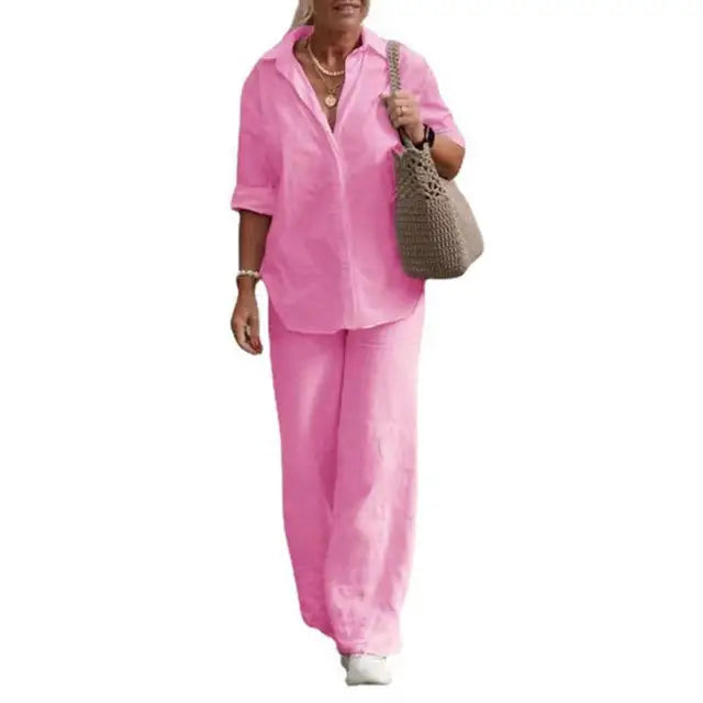 SommerSilhouette Duo™ – Damen Leinen Zweiteiler Set mit Bluse & Hose, Luftig, Elegant & Bequem für Sommer