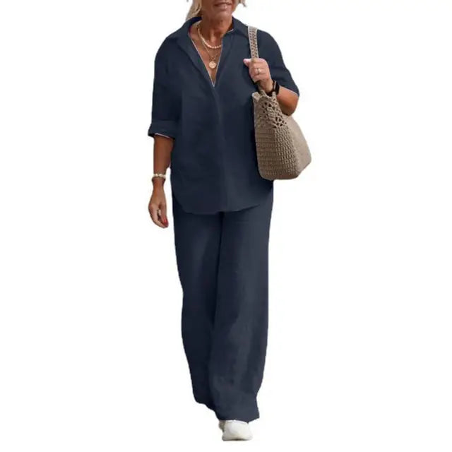 SommerSilhouette Duo™ – Damen Leinen Zweiteiler Set mit Bluse & Hose, Luftig, Elegant & Bequem für Sommer
