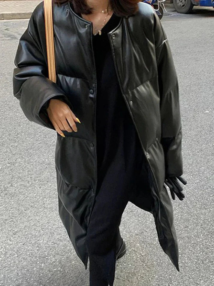 Drune | Lange Leder-Pufferjacke mit Gürtel