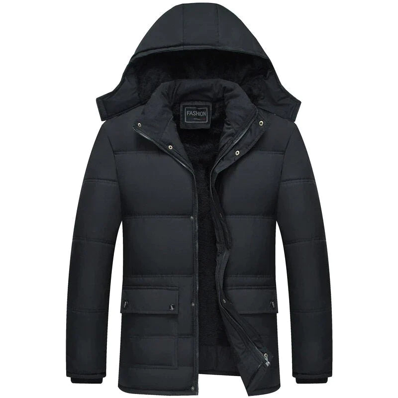 Drune | Herren Wintermantel mit Kapuze und Reißverschluss Frontdesign