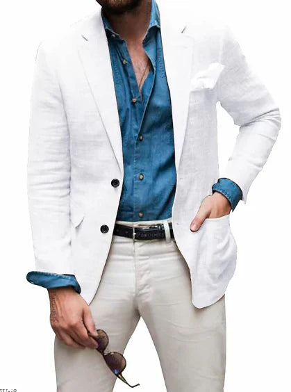 Drune | Herren Leinen Blazer Strand Hochzeit Lässig Tailored Fit Solide Farbe Einreihig Zwei Knöpfe