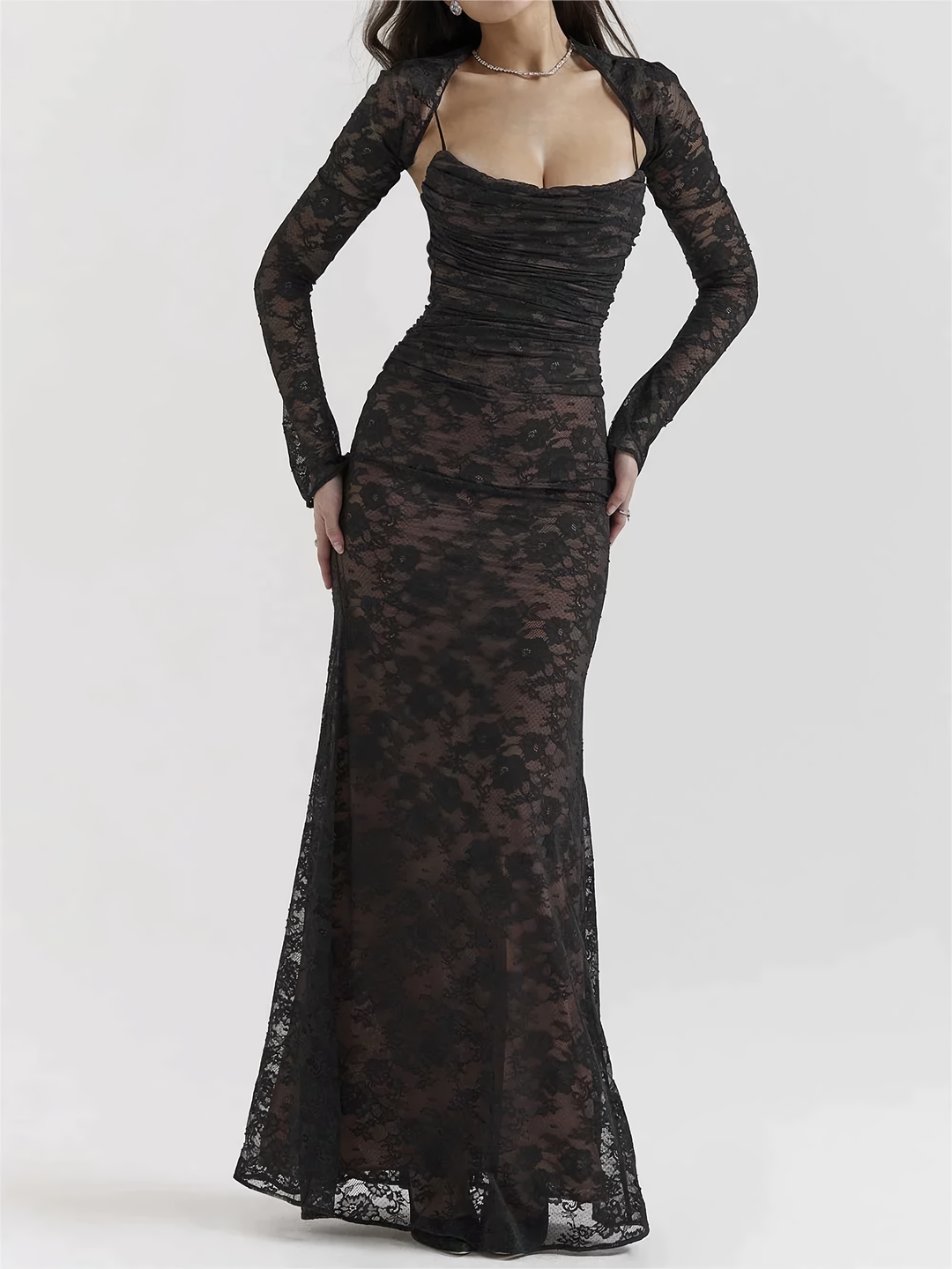 Drune | Spitzen Maxikleid Elegantes Langarm Quadratischer Ausschnitt Formelles Abendkleid