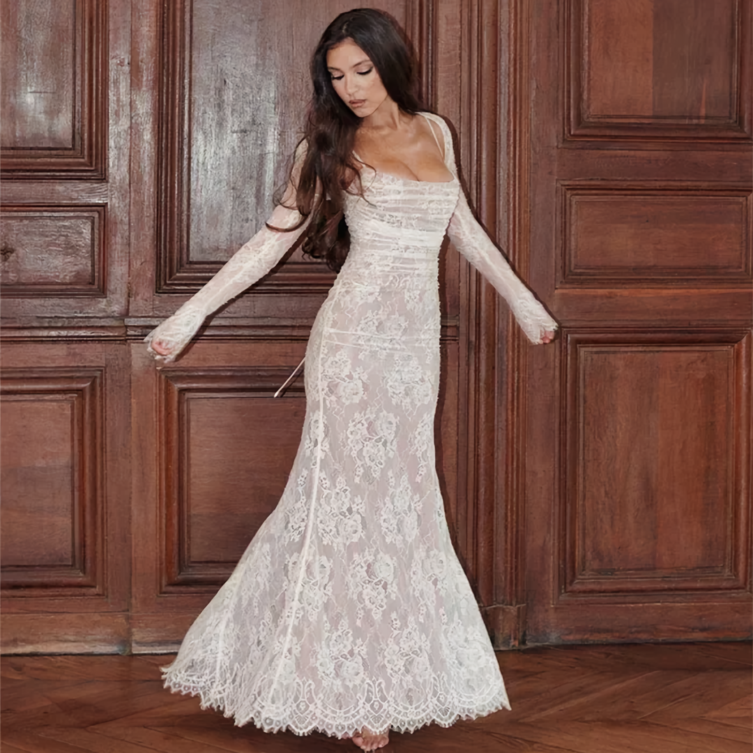 Drune | Spitzen Maxikleid Elegantes Langarm Quadratischer Ausschnitt Formelles Abendkleid