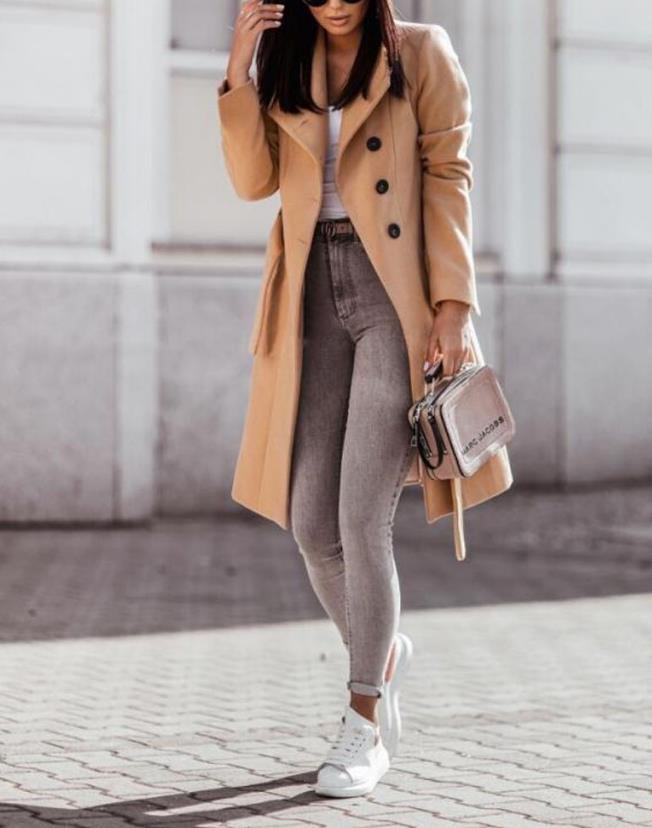 Drune | Damen Langer Trenchcoat mit Knopfverschluss und Taillengürtel