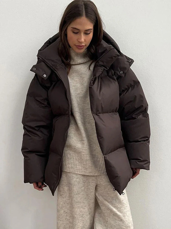 Drune | Warme Lange Damen Winterjacke aus Baumwolle mit Kapuze und Stehkragen