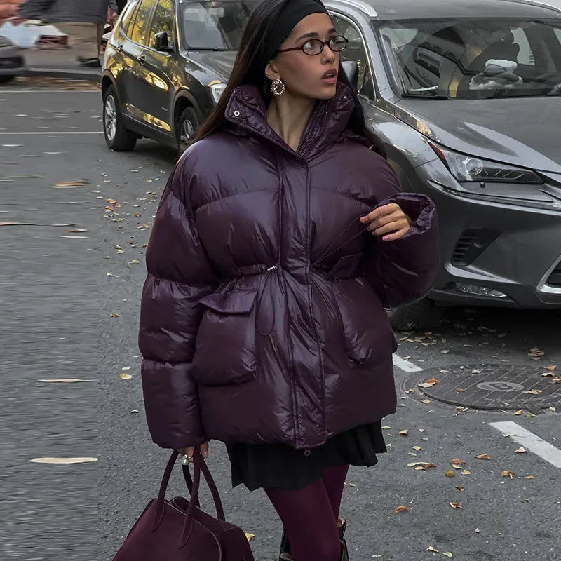 Drune | Warme Lange Damen Winterjacke aus Baumwolle mit Kapuze und Stehkragen