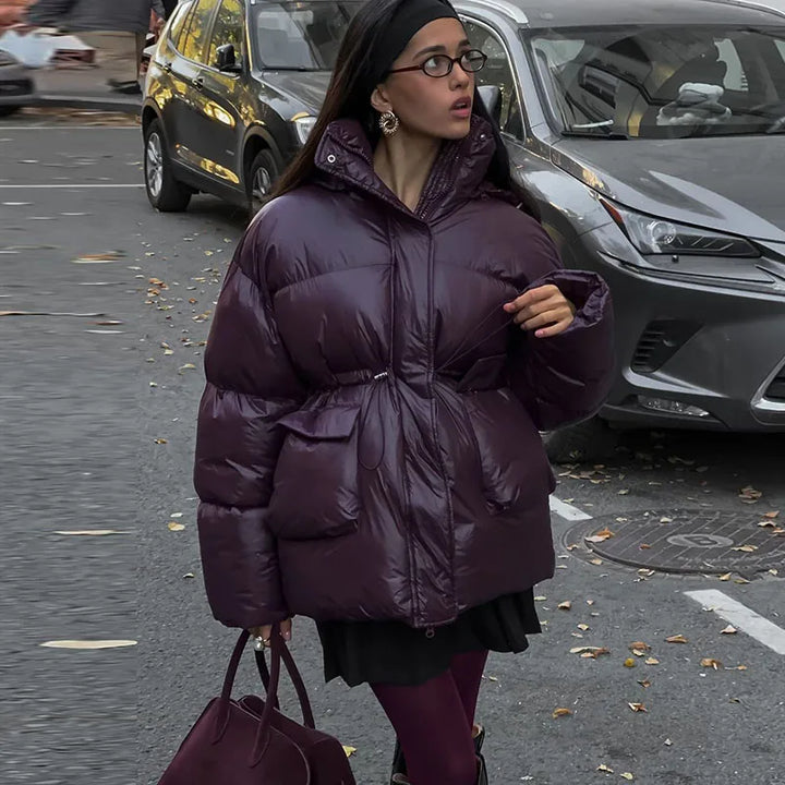 Drune | Warme Lange Damen Winterjacke aus Baumwolle mit Kapuze und Stehkragen