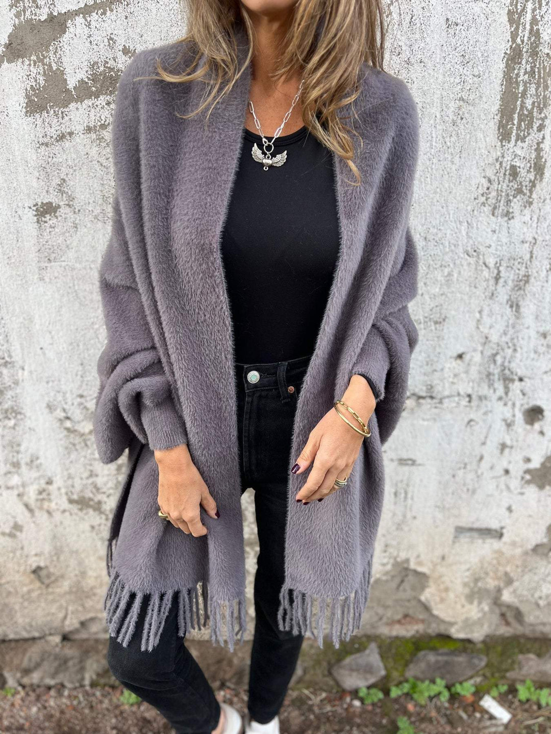 Drune | Damen Warme Lange Winterjacke mit Fransen und Lockerer Passform