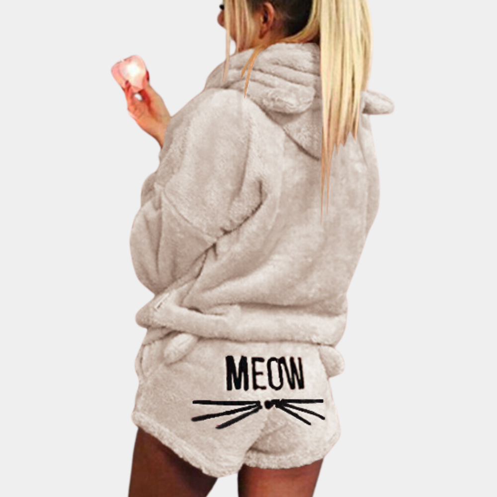 Drune | Damen Pyjama-Set mit Kapuze & „Meow“-Print - Flauschiger Zweiteiler für Herbst & Winter