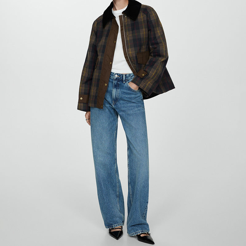 Drune | Damen Warme Karierte Jacke mit Weichem Kunstfellkragen und Großen Taschen