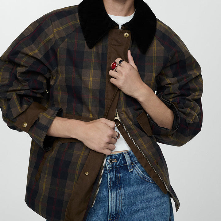 Drune | Damen Warme Karierte Jacke mit Weichem Kunstfellkragen und Großen Taschen