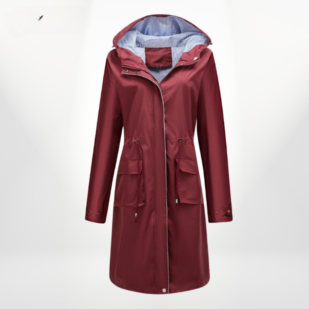 Drune | Damen Lange Wasserdichte Regenjacke mit Kapuze und Taschen