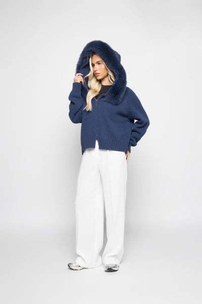 Drune | Strickjacke mit Kunstpelzkragen Reißverschlussverschluss Warm und Stilvoll