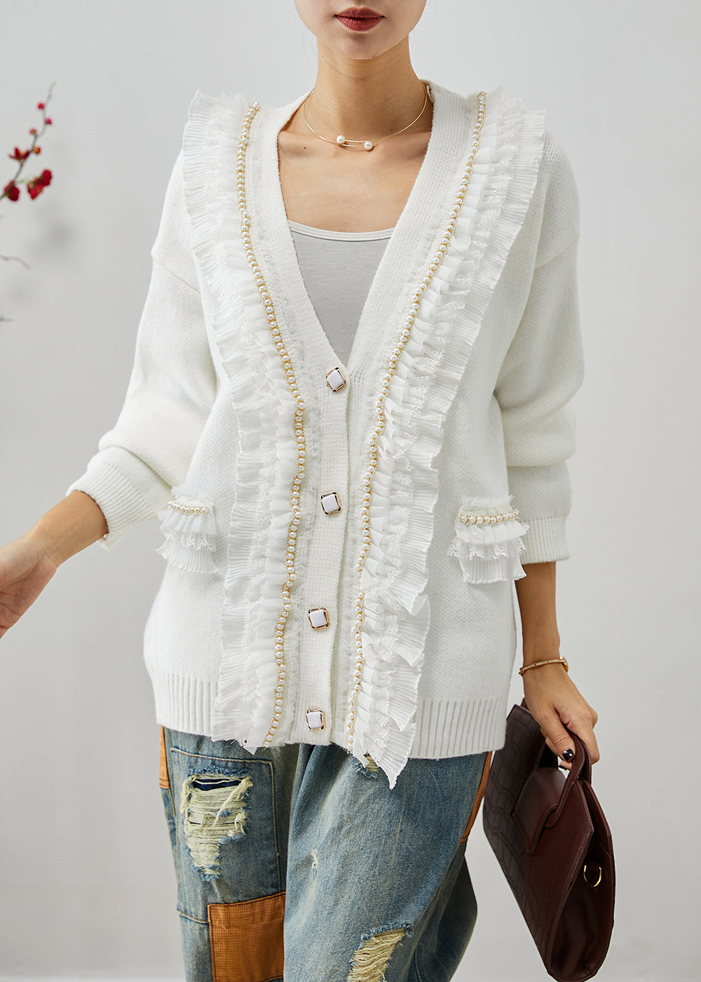Drune | Patchwork Strickmäntel Rüsch V-Ausschnitt