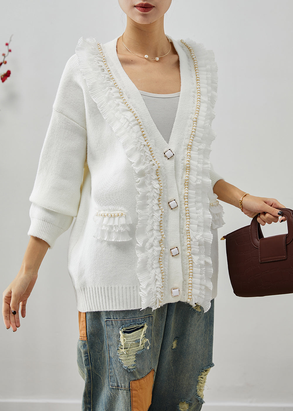 Drune | Patchwork Strickmäntel Rüsch V-Ausschnitt
