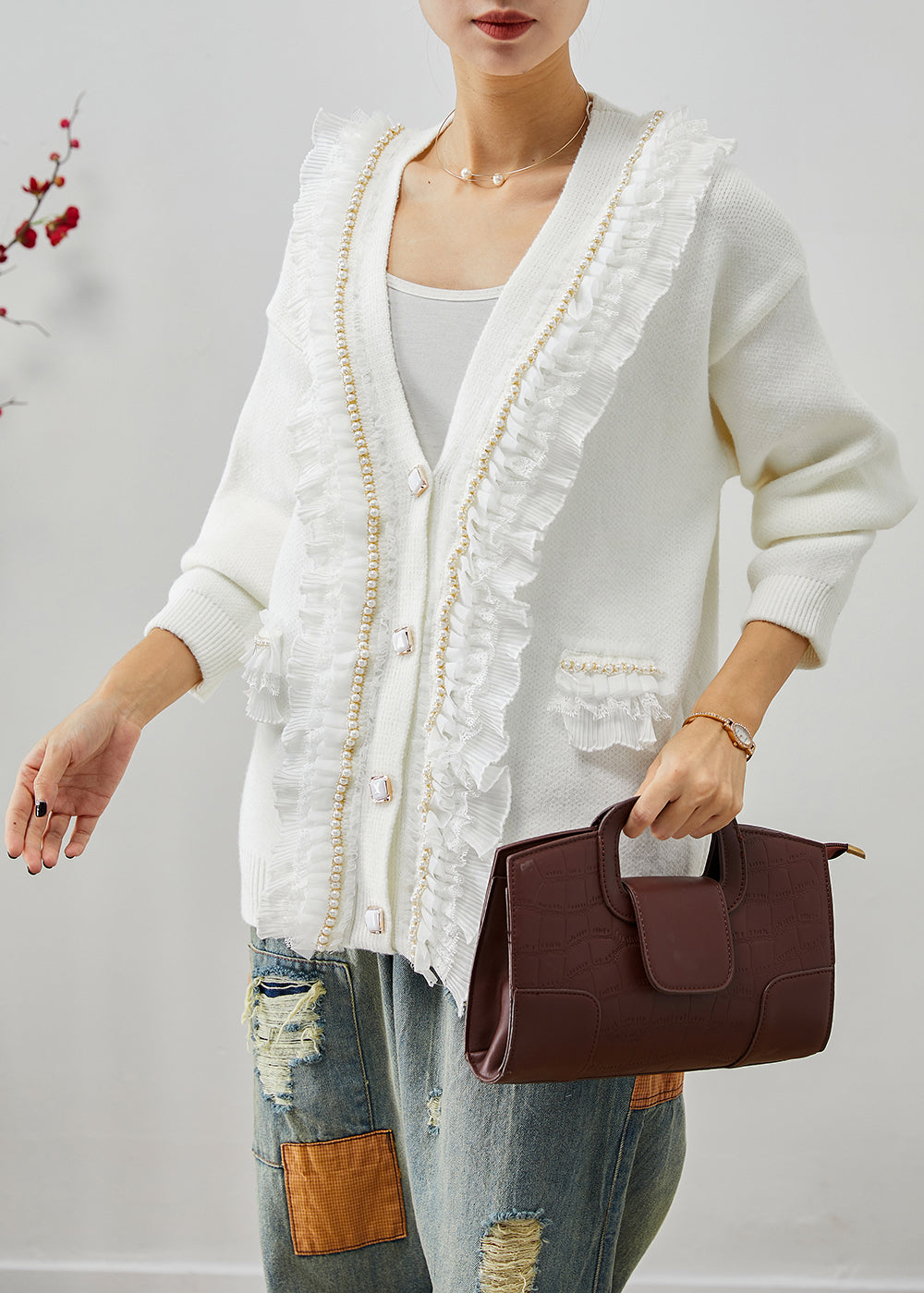 Drune | Patchwork Strickmäntel Rüsch V-Ausschnitt