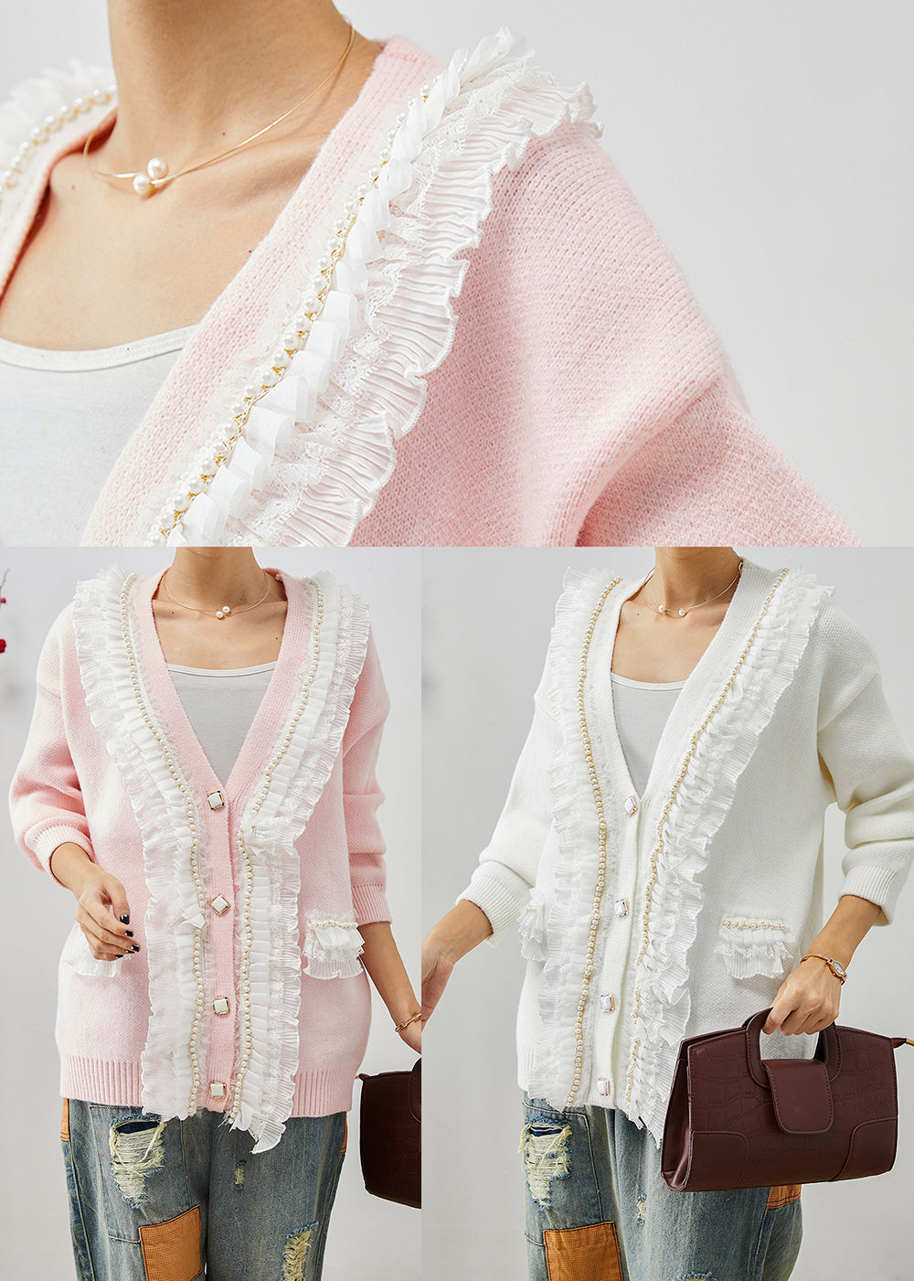Drune | Patchwork Strickmäntel Rüsch V-Ausschnitt
