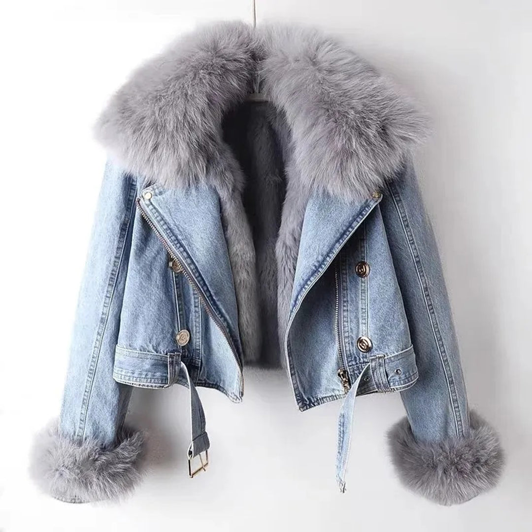 Drune | Jeansjacke Kunstpelz Reißverschluss Kurze Winterjacke Winterjacken für Damen