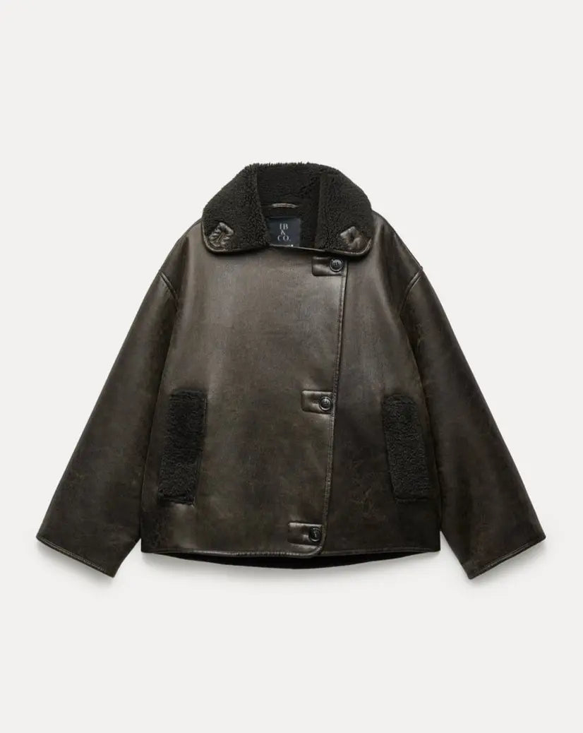 Drune | Lederjacke Teddy Gefüttert Übergröße Fleece Lederjacke Frauen Lederjacke