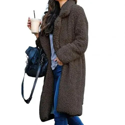 Drune Plüsch Warm Strickjacke Revers Langarm Midimantel