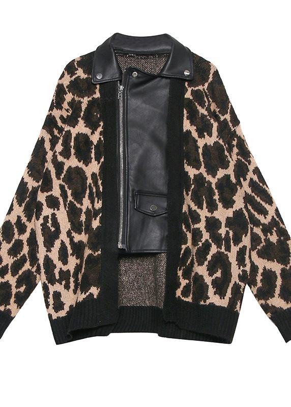 Drune | Patchwork-Strick-Outwear Plus-Size-Bekleidung Leopard Falsche Zwei-Teile Strickmäntel