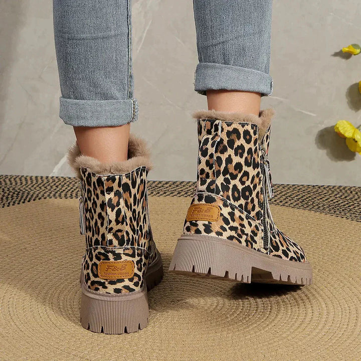 Drune | Mode Leopardprint-Stiefel für Frauen – Winter-Plateauschuhe mit gemütlichem Kunstpelzfutter